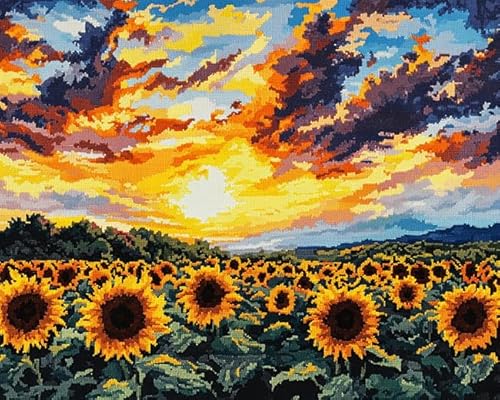 XDEGHUANGSS Kreuzstichset im Landschaftsstil,Sonnenblumen bei Sonnenuntergang,40x50 cm,Stickset mit gemustertem Stoff,Fäden,Nadel und Anleitung,für die ganzjährige Heimdekoration von XDEGHUANGSS