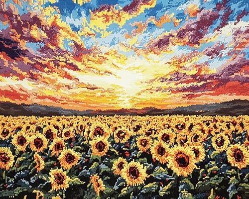 XDEGHUANGSS Kreuzstichset im Landschaftsstil,Sonnenblumen bei Sonnenuntergang,komplettes Stickset zur Wohnzimmerdekoration – inkl. Sticktuch,Faden,Nadel und Anleitung,40x50 cm von XDEGHUANGSS