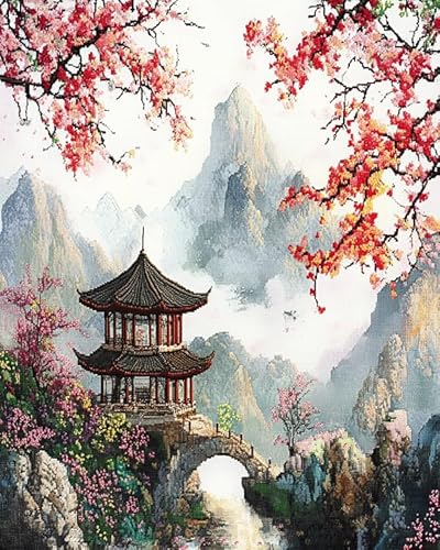 XDEGHUANGSS Kreuzstichset im chinesischen Stil,Klassischer Garten,Lebendige Muster und hochwertige Materialien,Perfekt für Bastler,Kreatives Geschenk zur Heimdekoration,40x50 cm von XDEGHUANGSS