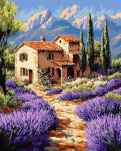 XDEGHUANGSS Kreuzstichset mit Landschaftsmotiv,„Lavender Manor“,11-fädiges Stickset,komplettes Stickset zum Selbermachen mit gestempelten Mustern,40x50 cm von XDEGHUANGSS