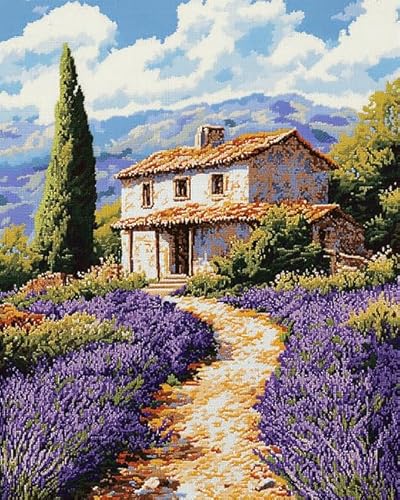 XDEGHUANGSS Kreuzstichset mit Landschaftsmotiv,„Lavender Manor“,40x50 cm,Stickset mit gemustertem Stoff,Fäden,Nadel und Anleitung,für die ganzjährige Heimdekoration von XDEGHUANGSS