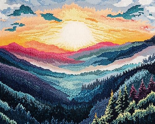 XDEGHUANGSS Kreuzstichset mit Landschaftsmotiv,Sonnenaufgang über den Bergen,11-fädiges Stickset,komplettes Stickset zum Selbermachen mit gestempelten Mustern,40x50 cm von XDEGHUANGSS