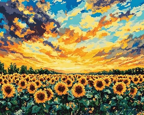 XDEGHUANGSS Kreuzstichset mit Landschaftsmotiv,Sonnenblumen bei Sonnenuntergang,11-fädiges Stickset,komplettes Stickset zum Selbermachen mit gestempelten Mustern,40x50 cm von XDEGHUANGSS