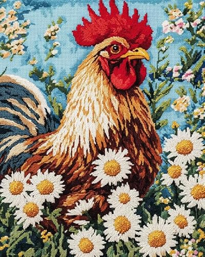 XDEGHUANGSS Kreuzstichset mit Tieren,Bauernhof,Gänseblümchen,Hahn,komplettes Stickset für die Heimdekoration,enthält gemusterten Stoff und Fäden,40x50 cm von XDEGHUANGSS