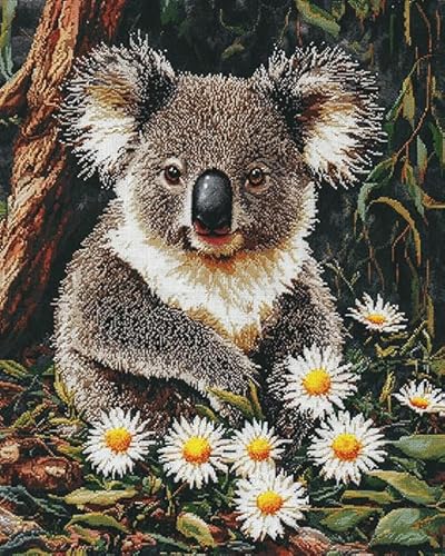 XDEGHUANGSS Kreuzstichset mit Tieren,Blumen-Koala,11-fädiges Stickset,3-strängiger Druck,Basteln,Wanddekoration für Zuhause,40x50 cm von XDEGHUANGSS