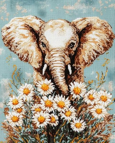 XDEGHUANGSS Kreuzstichset mit Tieren,Elefant unter Blumen,11-fädiges Stickset,komplettes Stickset zum Selbermachen mit gestempelten Mustern,40x50 cm von XDEGHUANGSS