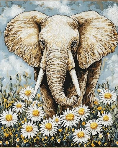 XDEGHUANGSS Kreuzstichset mit Tieren,Elefant zwischen Blumen,11-fädiges Stickset mit Muster,Fäden,Nadeln und Leinwand – perfekt als Wanddekoration zu Hause und als Geschenk,40x50 cm von XDEGHUANGSS