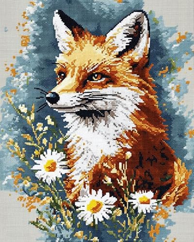 XDEGHUANGSS Kreuzstichset mit Tieren,Fuchs in Blumen,komplettes Stickset für die Heimdekoration,enthält gemusterten Stoff und Fäden,40x50 cm von XDEGHUANGSS