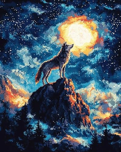 XDEGHUANGSS Kreuzstichset mit Tieren,Wolf unter dem Mond,Kreuzstich-Materialpaket,Stickset für die Wohnzimmerdekoration,11 CT,40x50 cm von XDEGHUANGSS