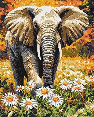 XDEGHUANGSS Kreuzstichset mit Tiermotiv,Elefant zwischen Blumen,komplettes Stickset zur Wohnzimmerdekoration,inkl. Sticktuch,Faden,Nadel und Anleitung,40x50 cm von XDEGHUANGSS