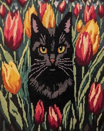 XDEGHUANGSS Kreuzstichset mit Tiermotiv,Schwarze Katze zwischen Blumen,Komplettes Stickset für die Heimdekoration,Enthält gemusterten Stoff und Fäden,40x50 cm von XDEGHUANGSS