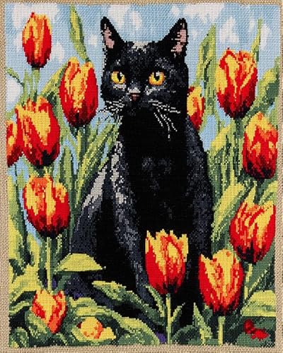 XDEGHUANGSS Kreuzstichset mit Tiermotiv,„Schwarze Katze zwischen Blumen“,komplettes Stickset zur Wohnzimmerdekoration,inkl. Sticktuch,Faden,Nadel und Anleitung,40x50 cm von XDEGHUANGSS