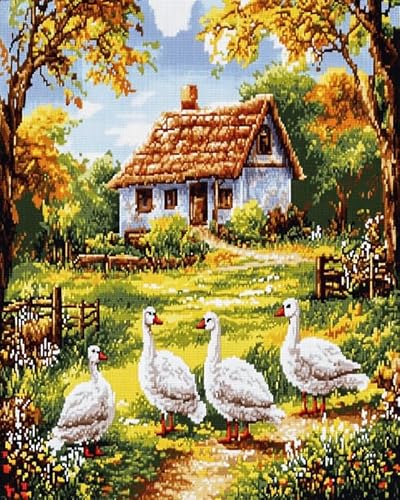 XDEGHUANGSS Kreuzstichset zum Selbermachen, Weiße Gänse im Hof, komplettes Set mit farbenfrohen Mustern, perfekt für Anfänger und Experten, 40x50 cm von XDEGHUANGSS