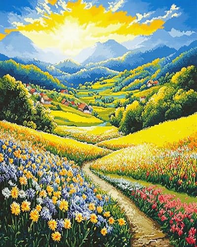 XDEGHUANGSS Kreuzstichset zum Selbermachen – MotivTalblumenfeld bei Sonnenaufgang, einfach für Anfänger, komplettes Set mit Anleitung, 40x50 cm von XDEGHUANGSS