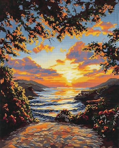 XDEGHUANGSS Kreuzstichset zum Selbermachen – Sonnenuntergang-Meereslandschaft-Design, einfach für Anfänger, komplettes Set mit Anleitung, 40x50 cm von XDEGHUANGSS