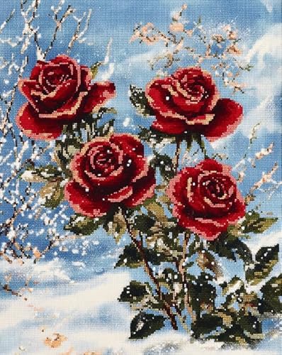 XDEGHUANGSS Modernes Kreuzstichset,Rose im Schnee,Komplettes Stickset für Heimdekoration 11CT 16x20 Zoll von XDEGHUANGSS