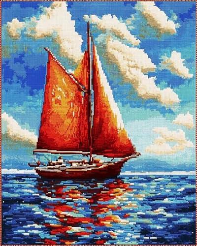 XDEGHUANGSS Stickset zum Selbermachen – Rotes Segelboot auf dem Meer – Künstlerische Designs zur Entspannung, komplettes Kreuzstichset mit Werkzeug, 40x50 cm von XDEGHUANGSS