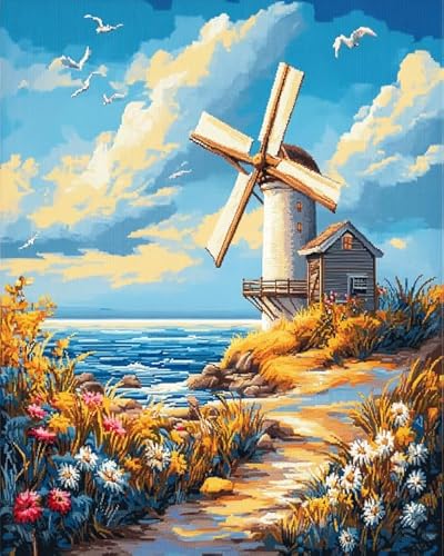 XDEGHUANGSS Stickset zum Selbermachen – Windmühle am Meer – Künstlerische Designs zur Entspannung, komplettes Kreuzstichset mit Werkzeug, 40x50 cm von XDEGHUANGSS