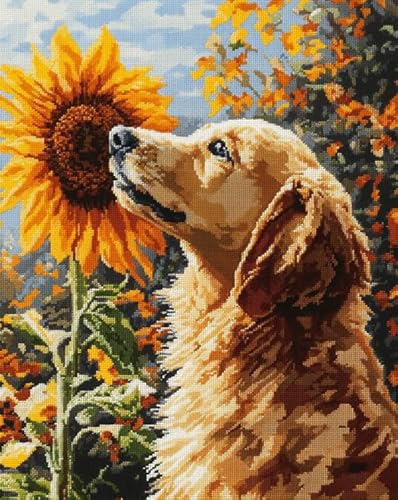 XDEGHUANGSS Vorgedrucktes Kreuzstich-Set für Erwachsene,Sonnenblume,Golden Retriever,Nadelspitze,gezählte Kreuzstich-Sets für Anfänger,11CT-Stickerei-Sets,Kunst,Heimdekoration,40x50 cm von XDEGHUANGSS