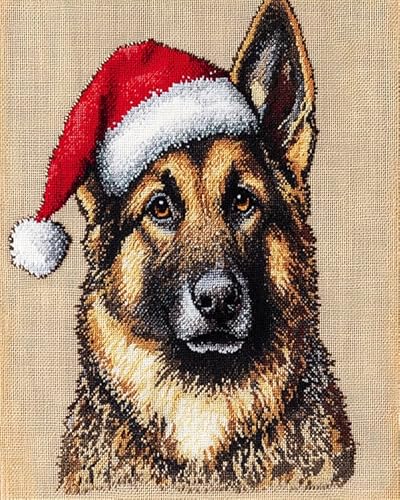 XDEGHUANGSS Weihnachts-Kreuzstichset,Deutscher Schäferhund mit Weihnachtsmannmütze,komplettes Set mit wunderschönen Mustern,ideal für Anfänger und Fortgeschrittene,40x50 cm von XDEGHUANGSS