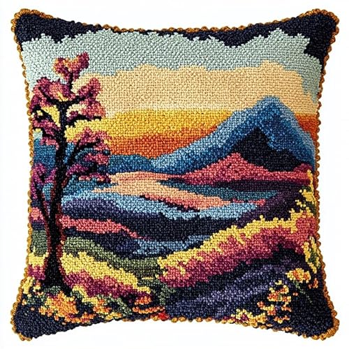 XDEGHUANGSS knüpfteppiche & knüpfkissen Kissenbezug,Choices Knüpfteppich Zum Selber Knüpf-Sets mit Kissen knüpfen-Set,kreuzstich knüpfen kissen set,43x43cm,Landschaft des Sonnenuntergangsberges von XDEGHUANGSS