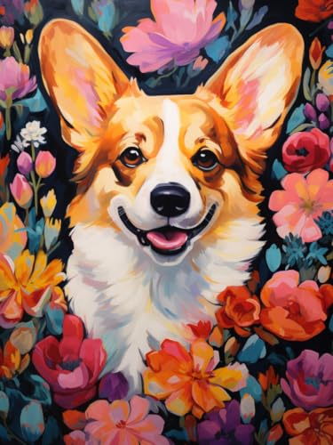 XDEGHUANGSS kreuzstich set – Corgi im Blumenmuster – DIY-Stickset mit Baumwollstoff und Fäden für Erwachsene und Anfänger – 40x50 cm von XDEGHUANGSS