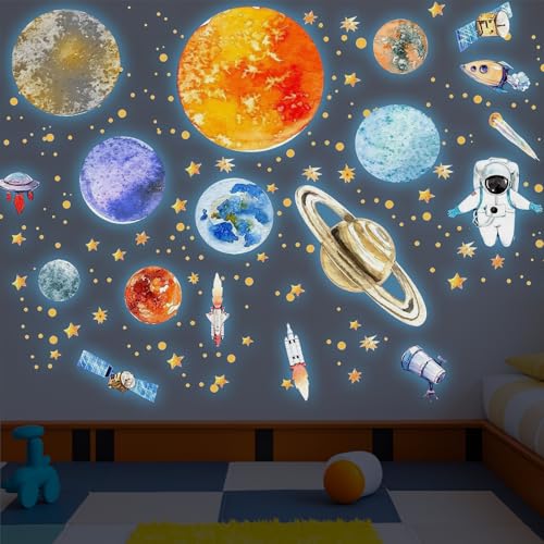 3 Blatt Wandsticker Leuchtaufkleber 9 Planeten Leuchtsterne Astronaut Planet Leucht Wandaufkleber Leuchtend Sterne Sonnensystem Wandtattoo für Kinderzimmer Schlafzimmer Dekorative Aufkleber Blau von XDGBGFN