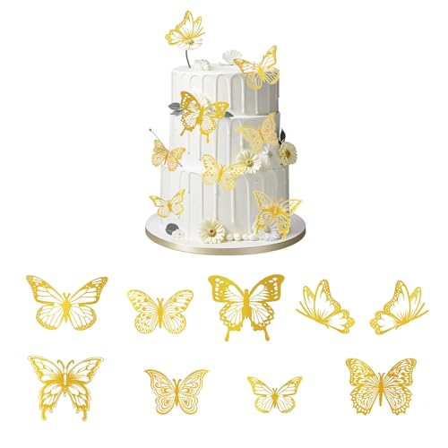 45 Stück 3D Schmetterling Cupcake Dekoendeko, Schmetterling in Der Luft Tortendeko Geburtstag, Jahrestag Schmetterling Tortendeko Party Kuchen Dekoendeko (Gold) von XDGBGFN