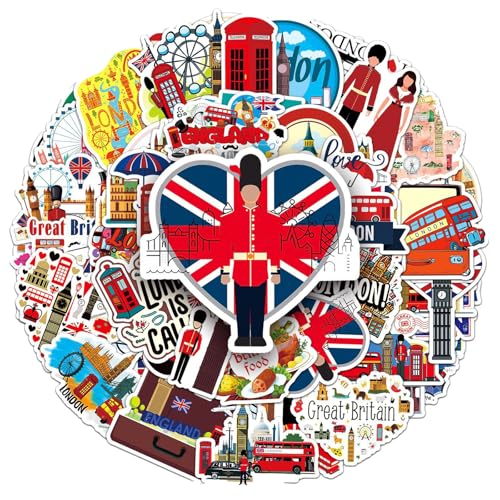 50 Stücke London Deko London Sticker Wasserdicht und Spurlos, Wiederverwendbar London Bus Sticker für Skateboards, Koffer, Wasserflaschen, Computer, Fahrräder, Gitarre, Helm Deko (2) von XDGBGFN