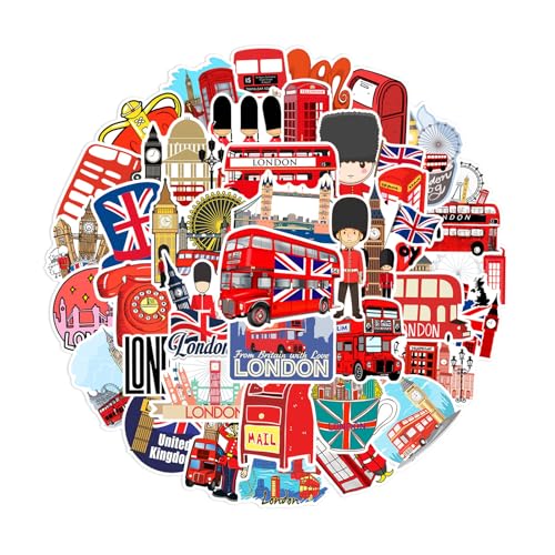 50 Stücke London Deko London Sticker Wasserdicht und Spurlos, Wiederverwendbar London Bus Sticker für Skateboards, Koffer, Wasserflaschen, Computer, Fahrräder, Gitarre, Helm Deko von XDGBGFN