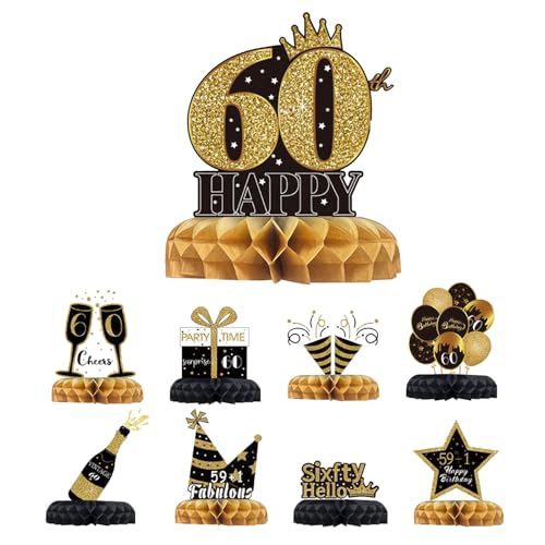 9pcs 60th Birthday Decorations 60th Birthday Decorations for Men Women Black and Gold Honeycomb Centerpieces Birthday Table Decorations for 60th Birthday Party (60) von XDGBGFN