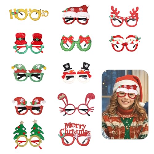 XDGBGFN 12 Stück Weihnachts Brillen Partybrillen Set Weihnachten Fotorequisiten Weihnachtsbrillen Kreative Lustige Weihnachtsgläser für Weihnachtenskostüm Partydekoration von XDGBGFN