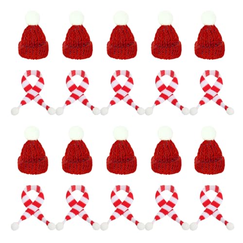 XDGBGFN 20 Stück Mini Weihnachtsmütze und Schal Set, 10 Stück Mini Schal und 10 Stück Mini Strickmütze, für Weihnachten Weinflasche Abdeckung, Weihnachten Heimdekoration ﻿ (Rot) von XDGBGFN