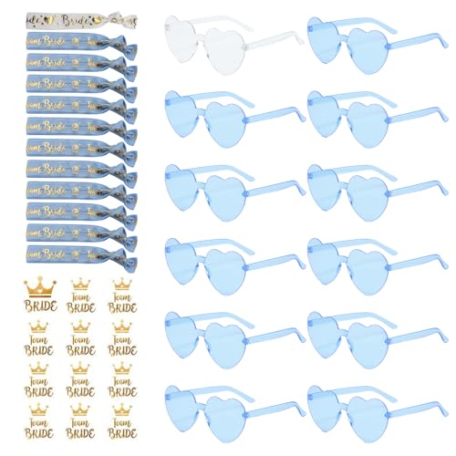 XDGBGFN 36 Stück Brille Team Braut Set, 12 Team Bride Armbänder 12 Herz Sonnenbrille und 12 Bride Tattoo Aufkleber Bride to Be Herz Brille Set Junggesellenabschied Frauen Accessoires (Blau) von XDGBGFN