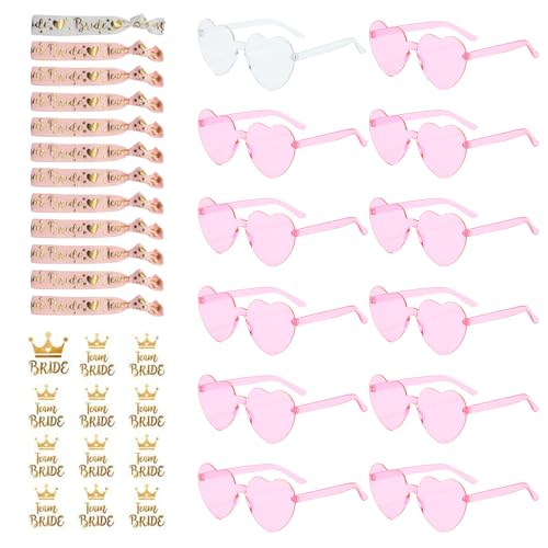 XDGBGFN 36 Stück Brille Team Braut Set, 12 Team Bride Armbänder 12 Herz Sonnenbrille und 12 Bride Tattoo Aufkleber Bride to Be Herz Brille Set Junggesellenabschied Frauen Accessoires (Rosa) von XDGBGFN