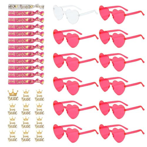 XDGBGFN 36 Stück Brille Team Braut Set, 12 Team Bride Armbänder 12 Herz Sonnenbrille und 12 Bride Tattoo Aufkleber Bride to Be Herz Brille Set Junggesellenabschied Frauen Accessoires (Rosenrot) von XDGBGFN