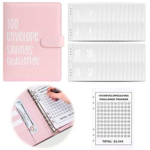 100 Envelope Saving Challenge, Budget Planner, Binder-100-Tage Bugetplaner Startset Finanzplaner, A5 Budget Planer Umschlagmethode, Challenge-Ordner mit 100 Umschlägen, Geld-Budget-Ringbuch (Rosa) von XEERUN