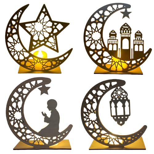 XEERUN Ramadan Dekoration LED Lampe, 4 Stück Eid Mubarak Tischdekoration Nachtlichter,Holz LED Lampe Mond Stern Laterne Eid Mubarak Dekoration für Zuhause, Ramadan Ornamente, Eid Geschenke von XEERUN