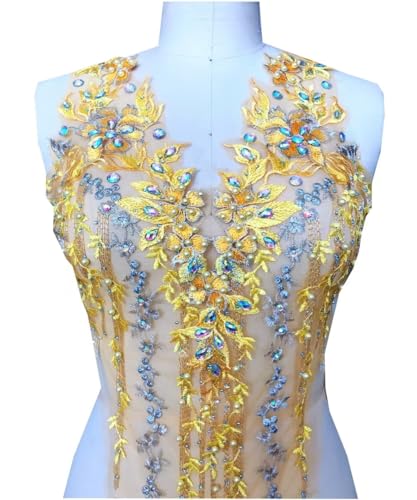 Spitzenapplikation, 3D-bestickte Spitzenapplikation, 3D-geprägte Perlen, Strass-Applikation, DIY-Bastel-Ausschnitt-Ansteckblume for Hochzeits- oder Ballkleid(Gold) von XEIJAYI