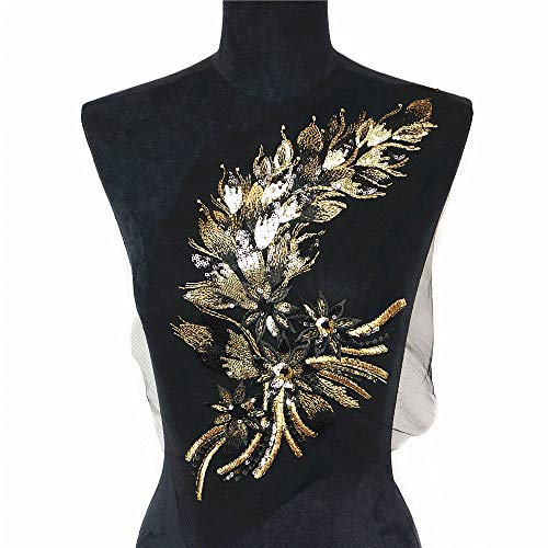 Spitzenapplikation, Vintage-Stickerei, Pailletten, Blumen-Spitzenapplikation, Netzbesatz, Nähstoff, Kragenaufnäher, Motiv, Hochzeitskleid, Brautschmuck, DIY-Basteln (Schwarzgold) von XEIJAYI