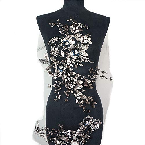 Spitzenapplikation, große Stickerei, Strass-Pailletten-Applikation, Spitze, Blumenstoff, Netzbesatz, Nähkragen, Aufnäher, Hochzeit, Party, Kleid, DIY, Basteln(Black) von XEIJAYI