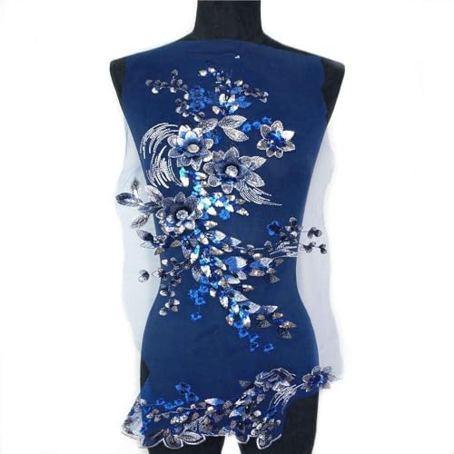 Spitzenapplikation, große Stickerei, Strass-Pailletten-Applikation, Spitze, Blumenstoff, Netzbesatz, Nähkragen, Aufnäher, Hochzeit, Party, Kleid, DIY, Basteln(Blue) von XEIJAYI