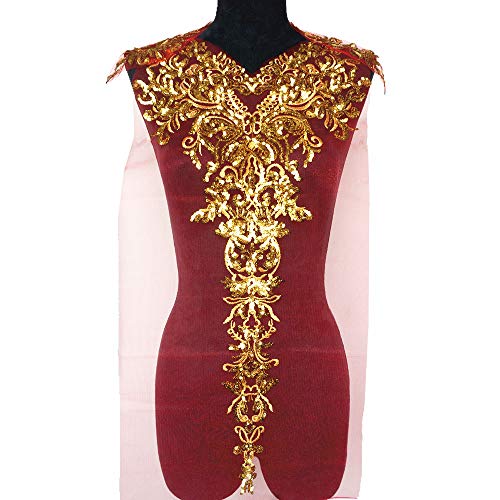 Spitzenapplikation, große goldfarbene Stickerei mit Pailletten, Spitzenapplikation, Nähen, Blumenstoff, Kragenaufnäher, Hochzeitskleid, Brautkleid, DIY-Basteln (rote Unterlage) von XEIJAYI