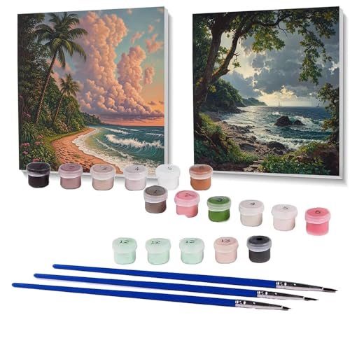 2 Pack Malen Nach Zahlen Erwachsene Baum, Malen Nach Zahlen Kinder Meerblick, Handgemaltes Ölgemälde Set für Anfänger, Bastelset Erwachsene Paint by Numbers, Zimmer Deko, Geschenke 90x90cm SPYH-625 von XELIETOO