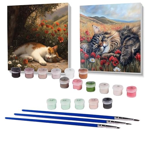 2 Pack Malen Nach Zahlen Erwachsene Blume, Malen Nach Zahlen Kinder Katze, Handgemaltes Ölgemälde Set für Anfänger, Bastelset Erwachsene Paint by Numbers, Zimmer Deko, Geschenke 30x30cm SPYH-1499 von XELIETOO