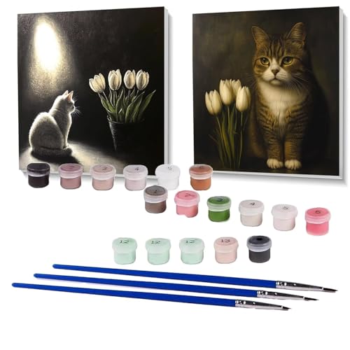 2 Pack Malen Nach Zahlen Erwachsene Blume, Malen Nach Zahlen Kinder Katze, Handgemaltes Ölgemälde Set für Anfänger, Bastelset Erwachsene Paint by Numbers, Zimmer Deko, Geschenke 90 x 90 cm SPYH-955 von XELIETOO