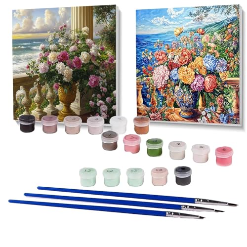 2 Pack Malen Nach Zahlen Erwachsene Blume, Malen Nach Zahlen auf Leinwand mit Pinsel und Acrylfarben set 30 x 30cm, Bastelset Erwachsene Meerblick, für Deko Wohnzimmer und Geschenke SPYH- 1554 von XELIETOO