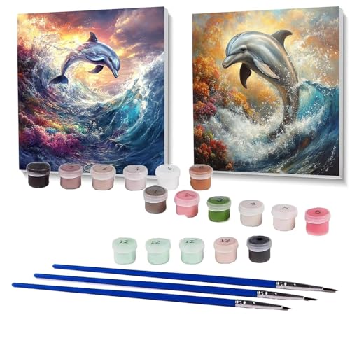 2 Pack Malen Nach Zahlen Erwachsene Delphin, Malen Nach Zahlen auf Leinwand mit Pinsel und Acrylfarben set 80 x 80 cm, Bastelset Erwachsene Landschaft, für Deko Wohnzimmer, Deko Wohnzimmer SPYH-1834 von XELIETOO