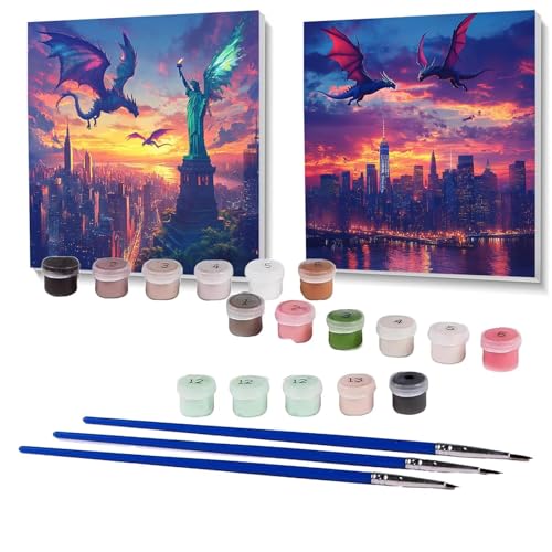 2 Pack Malen Nach Zahlen Erwachsene Drachen, Malen Nach Zahlen Kinder Freiheitsstatue, Handgemaltes Ölgemälde Set für Anfänger, Bastelset Erwachsene Paint by Numbers,Geschenke 90 x 90 cm SPYH-1131 von XELIETOO