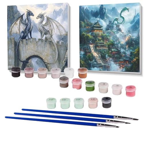 2 Pack Malen Nach Zahlen Erwachsene Drachen, Malen Nach Zahlen Kinder Landschaft, Handgemaltes Ölgemälde Set für Anfänger, Bastelset Erwachsene Paint by Numbers, Deko Wohnzimmer 100x100 cm SPYH-1143 von XELIETOO